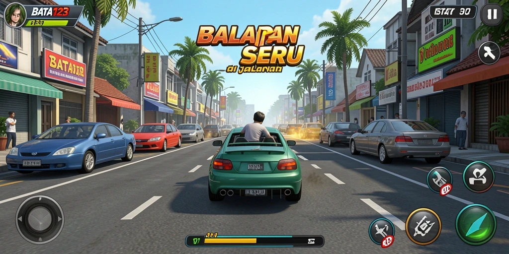 Screenshot menampilkan balapan seru dengan mobil kencang dan suasana kompetitif.