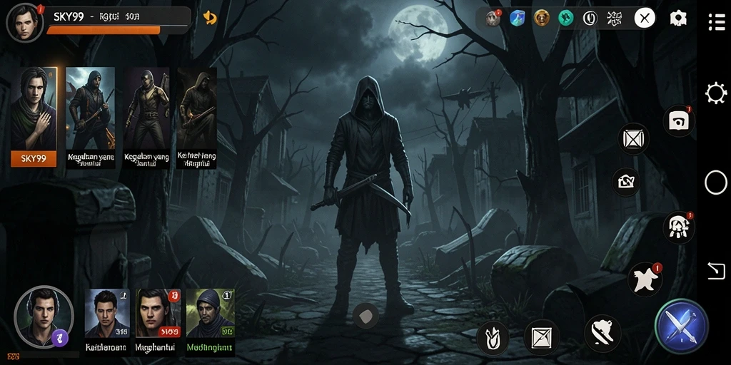 Screenshot gameplay <strong>SKY99</strong> menampilkan suasana menyeramkan dalam eksplorasi dunia gelap.